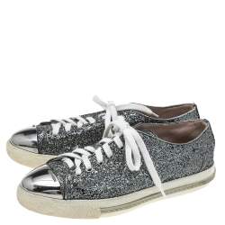 Miu Miu Metallic Grey Glitter Metal Cap Toe Low Top Sneakers Size 38