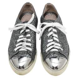 Miu Miu Metallic Grey Glitter Metal Cap Toe Low Top Sneakers Size 38