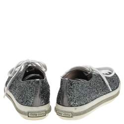 Miu Miu Metallic Grey Glitter Metal Cap Toe Low Top Sneakers Size 38