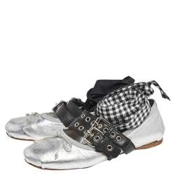 Pre Owned Miu Miu Silver/Black Leather Tie Up Ballet Flats Size 37.5