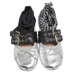 Pre Owned Miu Miu Silver/Black Leather Tie Up Ballet Flats Size 37.5