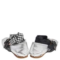 Pre Owned Miu Miu Silver/Black Leather Tie Up Ballet Flats Size 37.5
