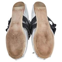 Pre Owned Miu Miu Silver/Black Leather Tie Up Ballet Flats Size 37.5