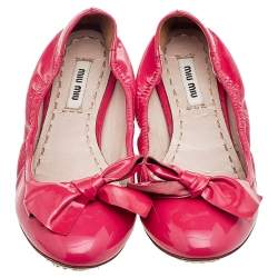 Miu Miu Pink Patent Leather Crystal Embellished Bow Ballet Flats Size 38