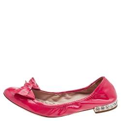 Miu Miu Pink Patent Leather Crystal Embellished Bow Ballet Flats Size 38