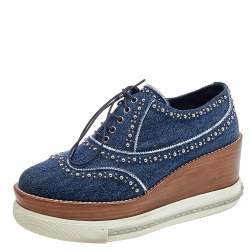Miu Miu Blue Denim Wedge Platform Oxfords Size 37.5
