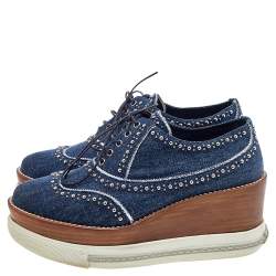 Miu Miu Blue Denim Wedge Platform Oxfords Size 37.5