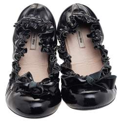 Miu Miu Black Patent Leather Scrunch Bow Ballet Flats Size 35.5