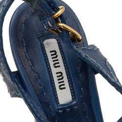 Pre Owned Miu Miu Blue Leather Stitch Detail Ankle Strap Platform Sandals Size 38