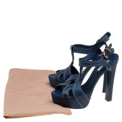 Pre Owned Miu Miu Blue Leather Stitch Detail Ankle Strap Platform Sandals Size 38
