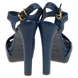 Pre Owned Miu Miu Blue Leather Stitch Detail Ankle Strap Platform Sandals Size 38