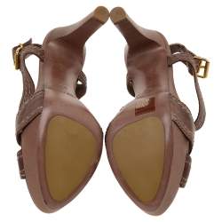 Miu Miu Brown Leather Stitch Detail Ankle Strap Platform Sandals Size 38