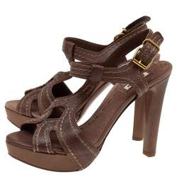 Miu Miu Brown Leather Stitch Detail Ankle Strap Platform Sandals Size 38