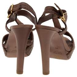 Miu Miu Brown Leather Stitch Detail Ankle Strap Platform Sandals Size 38