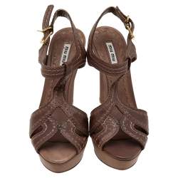 Miu Miu Brown Leather Stitch Detail Ankle Strap Platform Sandals Size 38