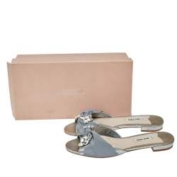 Miu Miu Silver Leather  Knot Crystal Embellished Slide Sandals Size 38
