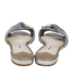 Miu Miu Silver Leather  Knot Crystal Embellished Slide Sandals Size 38