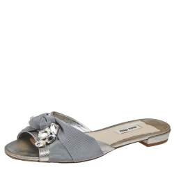 Miu Miu Silver Leather  Knot Crystal Embellished Slide Sandals Size 38