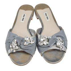 Miu Miu Silver Leather  Knot Crystal Embellished Slide Sandals Size 38