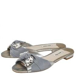 Miu Miu Silver Leather  Knot Crystal Embellished Slide Sandals Size 38