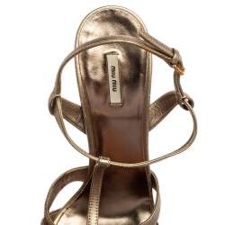 Miu Miu Metallic Bronze Leather Bow Ankle Strap Platform Sandals Size 38.5