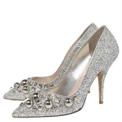 مملوكة مسبقًا Miu Miu Silver Studded Glitter Pointed-Toe Pumps Size 38