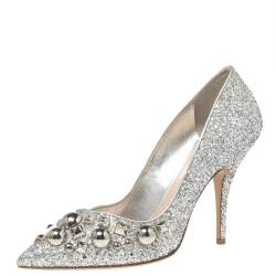 Miu Miu Silver Studded Glitter Pointed-Toe Pumps Size 38