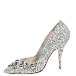 مملوكة مسبقًا Miu Miu Silver Studded Glitter Pointed-Toe Pumps Size 38