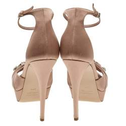 Miu Miu Beige Satin Crystal Embellished Platform Ankle Strap Sandals Size 37.5