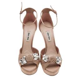 Miu Miu Beige Satin Crystal Embellished Platform Ankle Strap Sandals Size 37.5