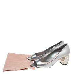 Miu Miu Metallic Silver Leather Crystal Embellished Block Heel Pumps Size 41