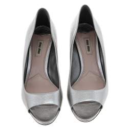 Miu Miu Metallic Silver Leather Crystal Embellished Block Heel Pumps Size 41