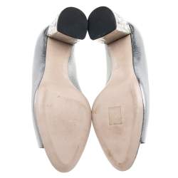 Miu Miu Metallic Silver Leather Crystal Embellished Block Heel Pumps Size 41