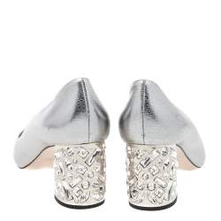 Miu Miu Metallic Silver Leather Crystal Embellished Block Heel Pumps Size 41
