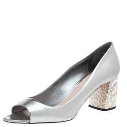 Miu Miu Metallic Silver Leather Crystal Embellished Block Heel Pumps Size 41