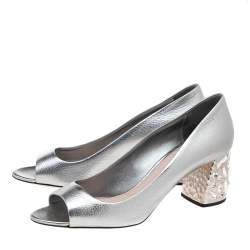 Miu Miu Metallic Silver Leather Crystal Embellished Block Heel Pumps Size 41