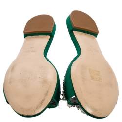 Miu Miu Green Satin Faux Pearl Embellished Flat Slides Size 40