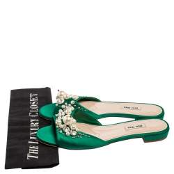 Miu Miu Green Satin Faux Pearl Embellished Flat Slides Size 40