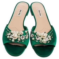 Miu Miu Green Satin Faux Pearl Embellished Flat Slides Size 40