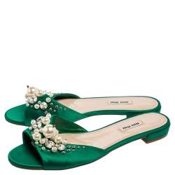 Miu Miu Green Satin Faux Pearl Embellished Flat Slides Size 40