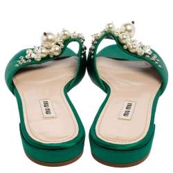 Miu Miu Green Satin Faux Pearl Embellished Flat Slides Size 40