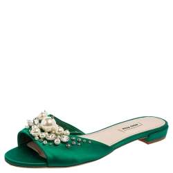 Miu Miu Green Satin Faux Pearl Embellished Flat Slides Size 40