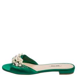 Miu Miu Green Satin Faux Pearl Embellished Flat Slides Size 40