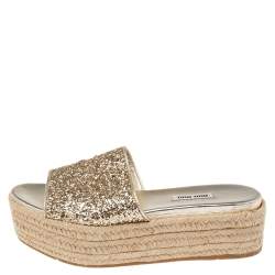Miu Miu Gold Coarse Glitter Espadrille Platform Slide Sandals Size 39