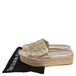 Miu Miu Gold Coarse Glitter Espadrille Platform Slide Sandals Size 39