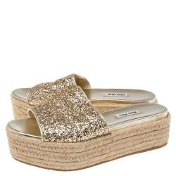 Miu Miu Gold Coarse Glitter Espadrille Platform Slide Sandals Size 39