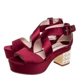 Miu Miu Burgundy Satin Crystal Embellished Block Heel Ankle Strap Sandals Size 37.5