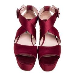 Miu Miu Burgundy Satin Crystal Embellished Block Heel Ankle Strap Sandals Size 37.5