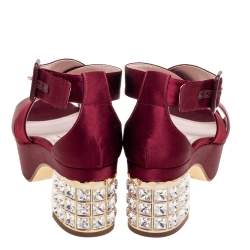 Miu Miu Burgundy Satin Crystal Embellished Block Heel Ankle Strap Sandals Size 37.5