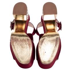 Miu Miu Burgundy Satin Crystal Embellished Block Heel Ankle Strap Sandals Size 37.5